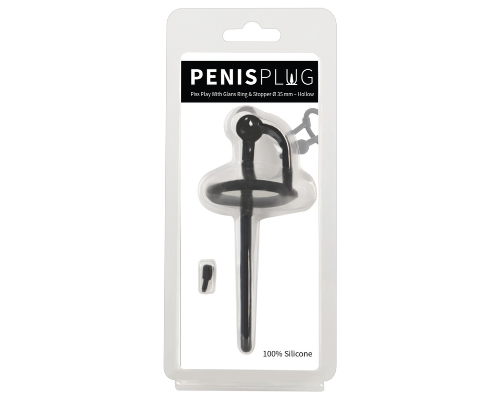 Penisplug Dilator - szilikon húgycsőtágító makkgyűrűvel (0,6mm) - fekete
