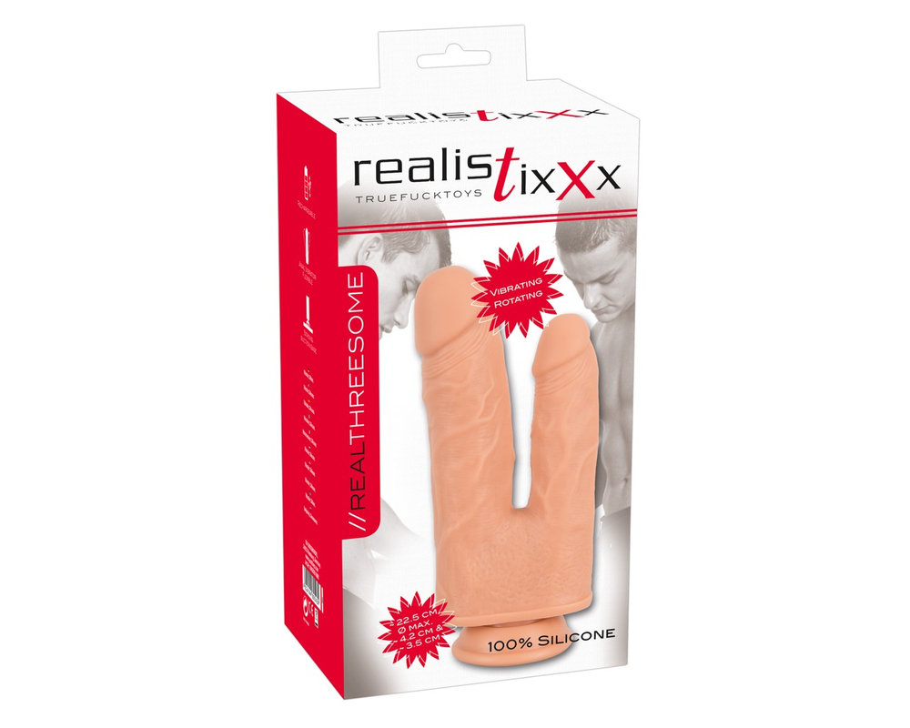 realistixxx Threesome - akkus, tapadótalpas élethű dupla forgó vibrátor (22cm)