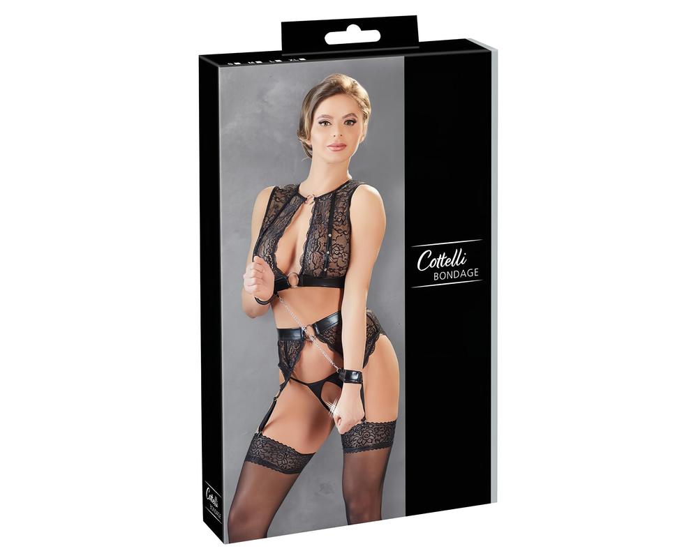  Cottelli Bondage - fényes csíkos, csipkés fehérnemű szett (4 részes) akciós termékkép 1