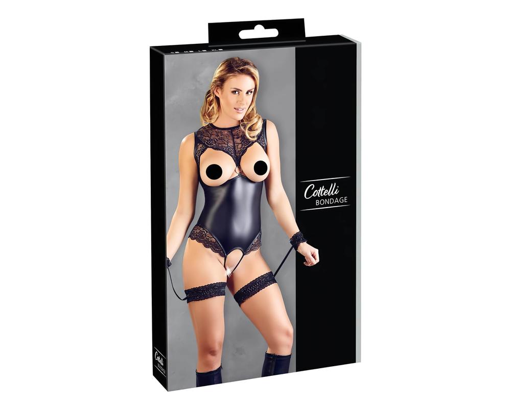  Cottelli Bondage - fényes nyitott body kézrögzítőkkel (fekete) akciós termékkép 1