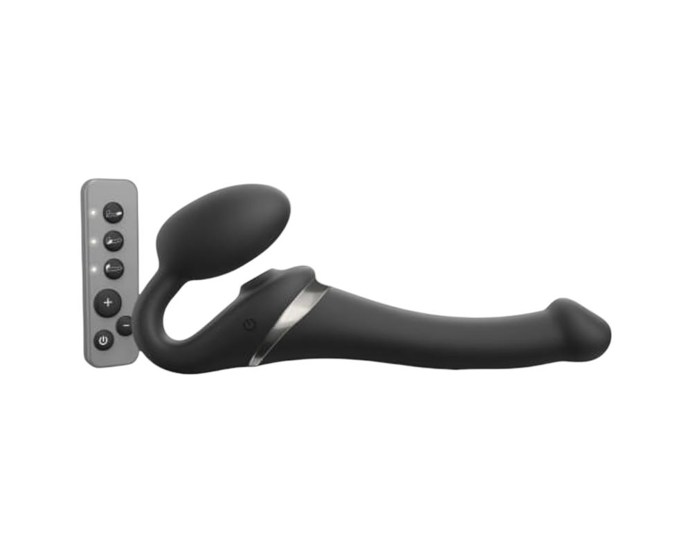 Strap-on-me S - pánt nélküli felcsatolható, léghullámos vibrátor - kicsi (fekete)