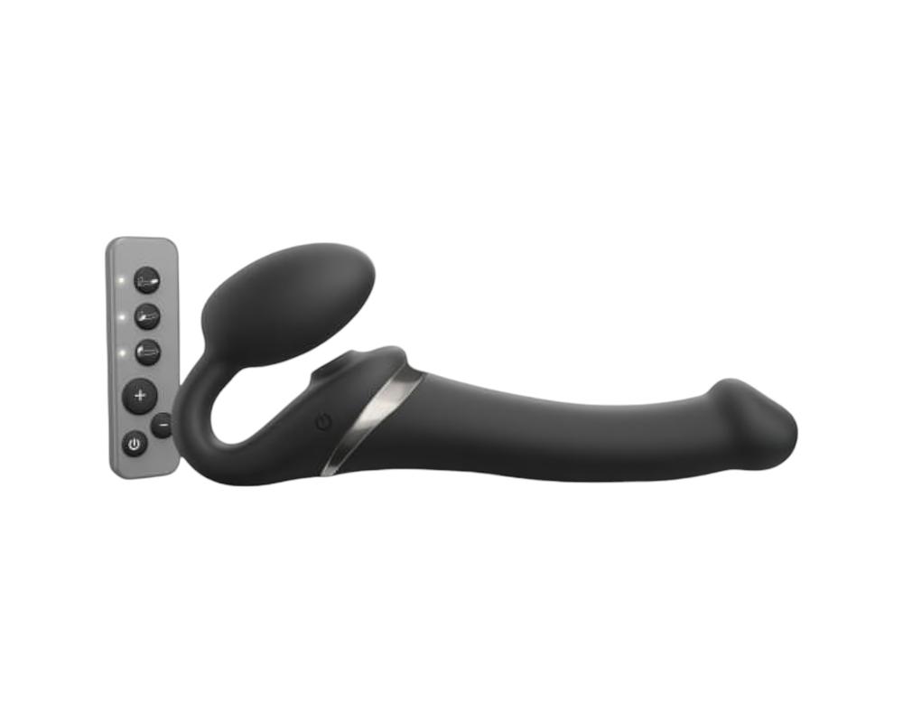 Strap-on-me M - pánt nélküli felcsatolható, léghullámos vibrátor - közepes (fekete)