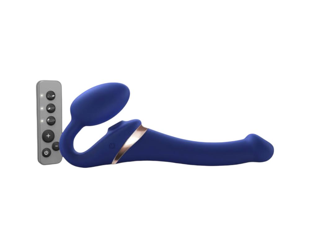Strap-on-me S - pánt nélküli felcsatolható, léghullámos vibrátor - kicsi (kék)