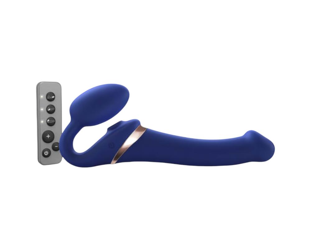 Strap-on-me M - pánt nélküli felcsatolható, léghullámos vibrátor - közepes (kék)