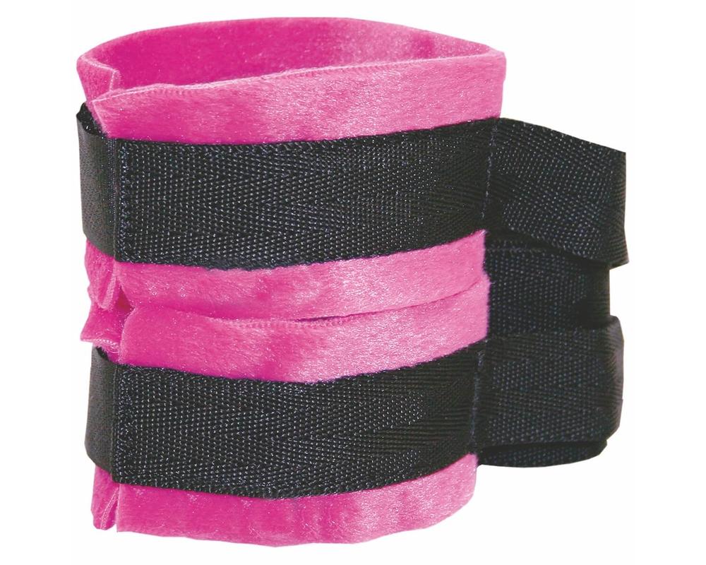  S&M - bársonyos bilincsek hosszú összekötővel (pink-fekete) akciós termékkép 1
